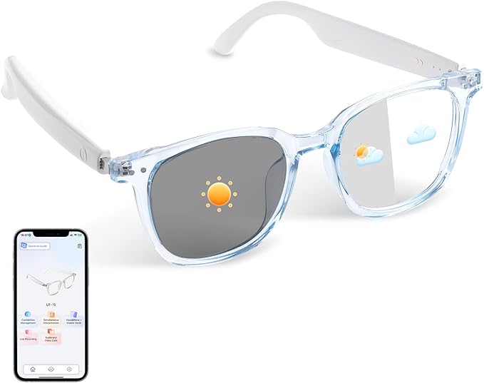 Bluetooth Smart Brille für Frauen, AI-Übersetzungsbrille unterstützt über 160 Sprachen, eingebaute Mikrofonlautsprecher, Farbwechselgläser, blauer Rahmen mit polarisiertem UV-Schutz für Reisen