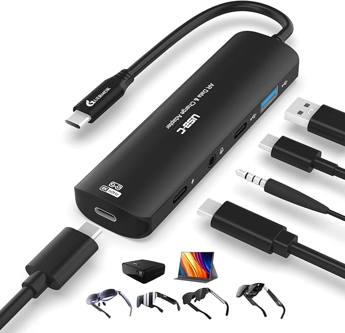 Guermok 5-in-1 USB-C Adapter für AR-Brillen, 100W PD Schnellladen, 8K@60Hz Videoausgabe, USB/USB-C Anschlüsse, kompatibel mit AR-Brillen und verschiedenen Geräten, Schwarz