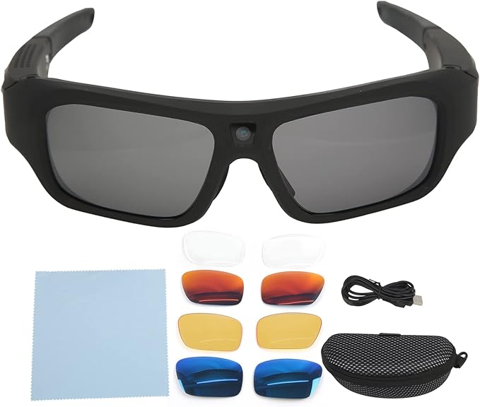 Goshyda Kamerabrille, Full HD 1080P, Mini-Videokamera-Sonnenbrille mit 4 Paar Linsen, 4K-Smart-Sport-Action-Kamera Zum Wandern, Radfahren, Reiten