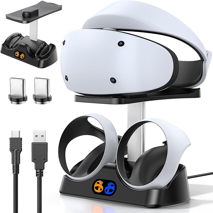 Ladestation für PS VR2 Controller, PSVR 2 Ladestation mit Headset Ständer, Schnelles Ladegerät für PS VR2 Controller mit LED Licht für PSVR2 Zubehör, magnetischer Anschluss & Typ C Kabel Schwarz