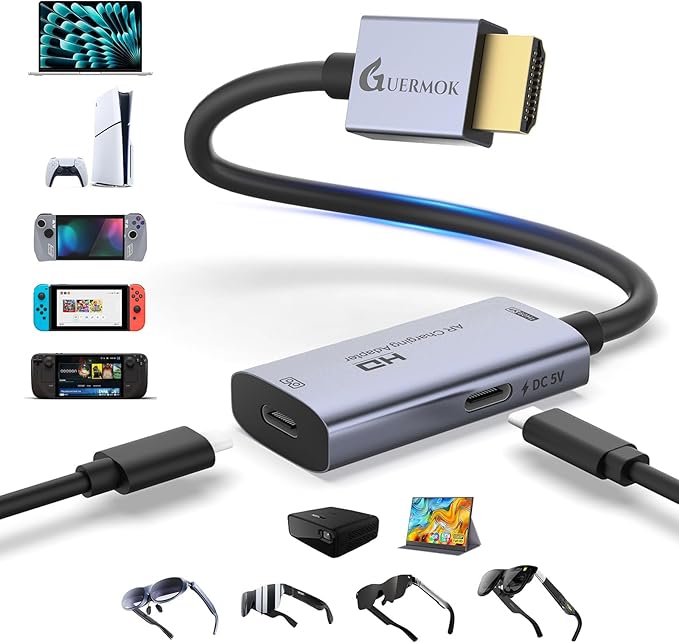 Guermok HDMI-zu-USB-C Adapter für AR-Brillen, 4K@60Hz Wiedergabe & Laden, mit DC 5V, kompatibel mit X REAL, RayNeo, Rokid, Steam, Switch2/1, PS 5/4, tragbare Monitore (Silber)